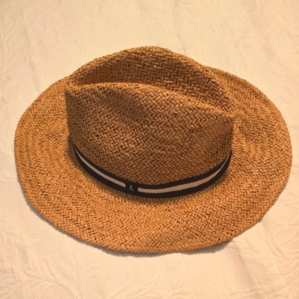 Lands' End Tan and Black Fedora Hat EUC Wide Brim Size L-XL